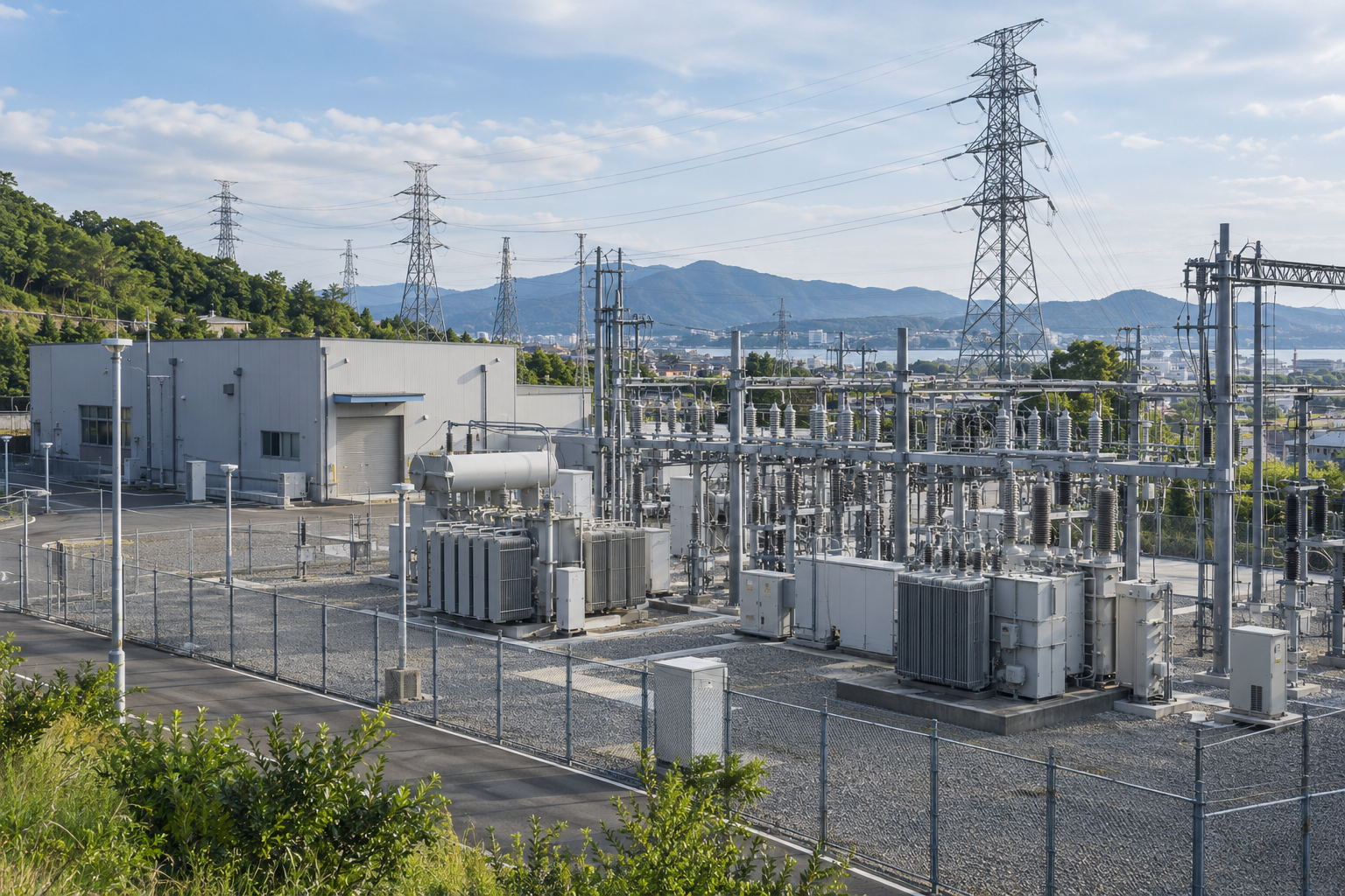 変圧器と配電設備を備えた電力インフラ施設