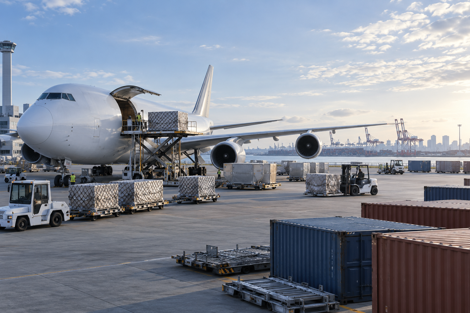 貨物機へ航空貨物を積み込む国際物流の様子